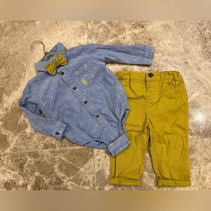 6-9 Months Little Gent Blue and Yellow Baby Outfit with Bow Tie